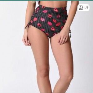 NWT Unique Vintage high waisted Swim Black Dotted Lip Print bikini bottom XXL
